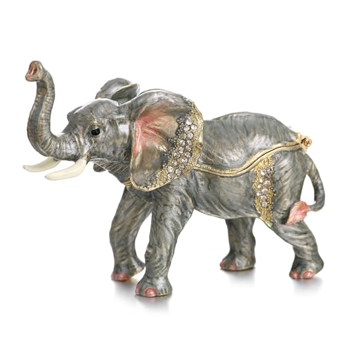 Hand Painted Enamel Lucky Elephant Trinket Box, Hinged Unique Mini Ring Necklace Jewelry Organizer, Classical Bejeweled Storage, Figurine Collectible Keepsake Home Decor (Elephant-2) - color: Elephant-2