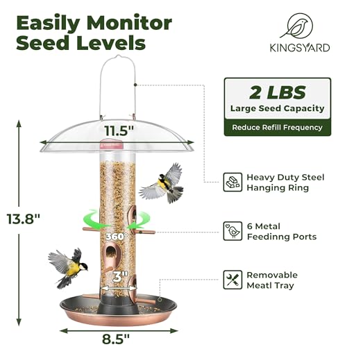 Kingsyard 6-Port Tube Bird Feeder for Outdoors Hanging | 9.5" Rustproof Metal Removable Tray, 11.5" Weatherproof Dome, 3 lb Seed Capacity, Garden & Backyard Birding Gift, Copper - color: Antique Copper