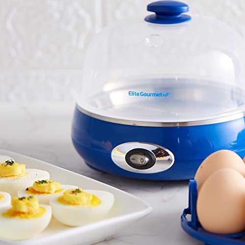 Elite Gourmet EGC322CBL Easy Egg Cooker, 7-Egg, BPA-Free, Classic Blue | Cooks soft, medium, or hard-boiled eggs with auto shut-off - electric operation - includes measuring cup - color: Blue, size: 7 Egg