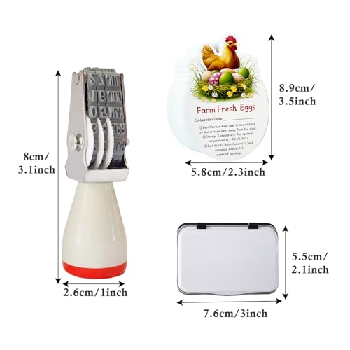 Egg Dater Kit, 1 Date Stamp（Month&Day）, 1 Black Fade-Resistant Ink, 50 Farm Fresh Eggs Instructions, for Chicken Duck Turkey Goose Eggs - color: White/Red