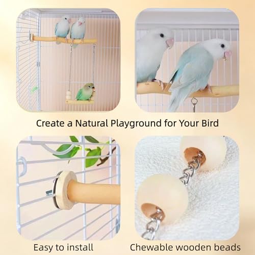 Bird Perch and Swing Set for Small Birds, Natural Wood Cage Accessories | 2-in-1 Integrated Perch with Hanging Swing for Budgies, Parakeets, Cockatiels & Lovebirds, Encourages Climbing & Activity - size: Short