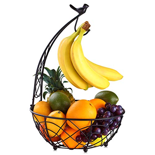 Buruis Metal Fruit Basket Bowl with Banana Holder, Bird Design, Black | Kitchen Countertop Organizer, 2-in-1 Fruit Storage Bowl, Banana Rack, Modern Kitchen Decor, Dining Table Centerpiece - color: Black