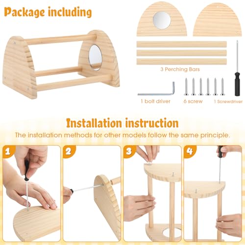 BreezeHug 3 Pcs Chicken Roosting Bar Set Wooden Chick Perch Prevent Rotation Design with Mirror Long Strip Large Triangle Stand Platform for Bird Parrot Macaw Hens Coop Brooder Fun Toys Accessories