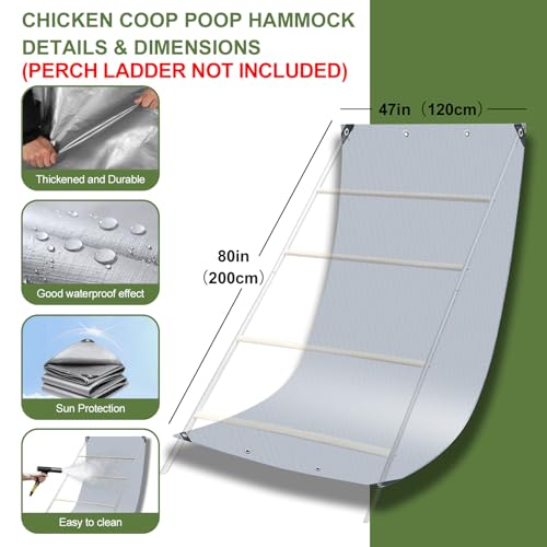 Chicken Coop Poop Hammock Waterproof and UV, 6.5 * 4 FT Poop Deck | with 8pcs Ball Bungees Cords, Chicken Roosting Perch to Catch the Chicken Poop for Poultry（Not Include Perch)