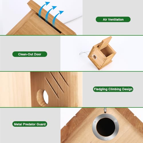 Gtongoko Wren Bird Houses for Outside with 1-1/8" Entrance Log Color 1 Pack | Wood Nesting Box with Metal predator guard, Climbing Grooves, Clean-Out Door, Air-Vent for Wrens & Carolina Wrens - color: Log color-1pc