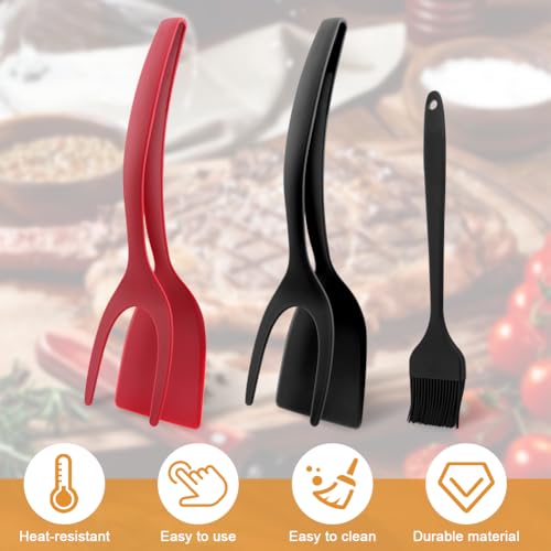 2 in 1 Egg Flipper Spatula Tong, 2pcs Non-Stick Frying Tongs with Silicone Brush Grip and Flip Spatula Tongs Home Kitchen Cooking Tool(3pcs)