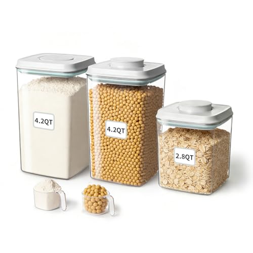 Airtight Food Containers Set with One-Touch Lid, Mixed Size Set (2.8 Qt + 4.2 Qt *2) with Scoop, Stackable Jars for Complete Kitchen Organization - color: 4.2QT*2 + 2.8QT