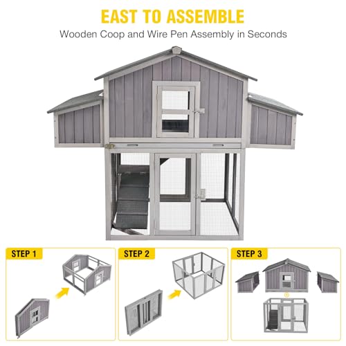Aivituvin Large Chicken Coop for 4-6 Chickens, Raised Outdoor Wooden Chicken House with Unique Folding Design, 2 Nesting Boxes, Easy Clean Pull-Out Tray, Waterproof Asphalt Roof - Grey - size: 69.8"L x 42.0"W x 54.6"H