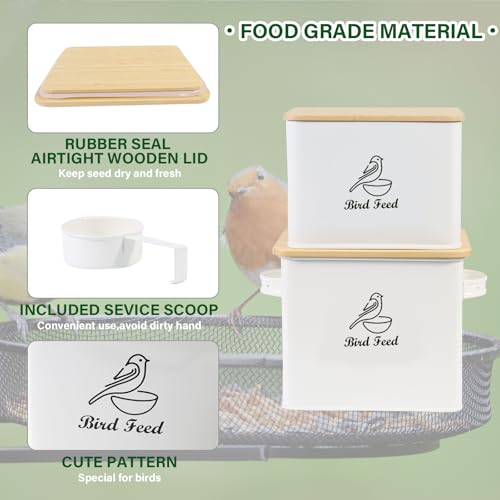 Bird Seed Storage Container Set of 2,10LB Bird Food Container-White | Metal Bird Seed Container with Bamboo Lids, Airtight Wild Bird Seed Tin for Storing Sunflower Seed-Squirrel proof - color: White(Bird Feed)