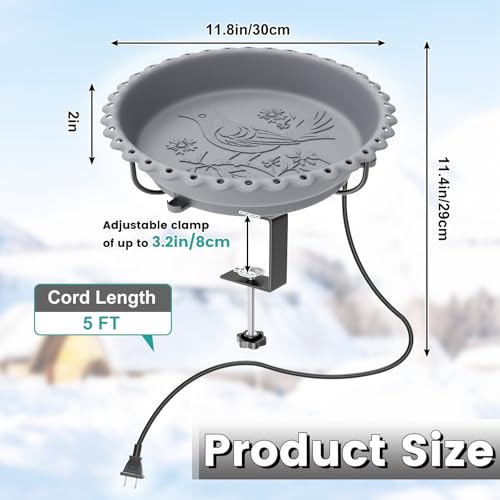 Heated Bird Bath for Outdoors,Deck Railing Heated BirdBaths,Grey | Upgraded 100W,Thermostatically Controlled,Adjustable Clamp 3.2",Easy Clean/Install,Detachable Bowl,Garden Yard Patio Lawn - color: Gray