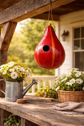 Red Striped Handmade Gourd Birdhouse, 9–11" Tall | Natural Bird House for Outdoors, 1.5" Entrance Hole, For Wrens, Chickadees & Bluebirds, Hanging Garden Decor