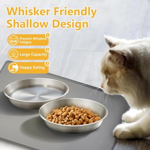 4-Pack 304 Stainless Steel Cat Food Bowls, Non-Slip Basic Dishes | Shallow Whisker-Friendly Silicone Water Metal Bowls, Easy to Clean Indoor Flat Plates for Cat, Kitten, Small Dog (5.9") - color: 4 PCS