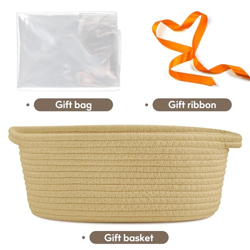 Pro Goleem Small Woven Basket with Gift Bags and Ribbons Durable Baskets for Gifts Empty Small Rope Basket for Storage 12"X 8" X 5" Baby Toy Basket with Handles, Khaki - color: khaki