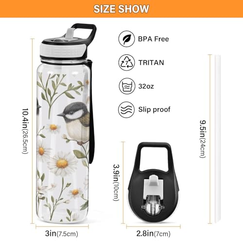 Chickadee Birds 32 oz Water Bottle - Clear Tritan, BPA-Free, LeakProof with Carry Strap for Sports, Gym & Outdoor Activities - color: C711