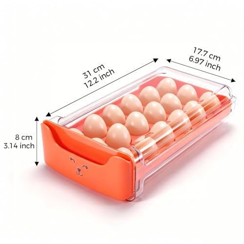 Egg-Holder for Fridge, Fits Small to Large Eggs, Orange | 18 Egg-Storage for Refrigerator Countertop, 1 Tier Dispenser with Drawer, Stackable Clear Egg Tray Container - size: 1 Tier-Orange