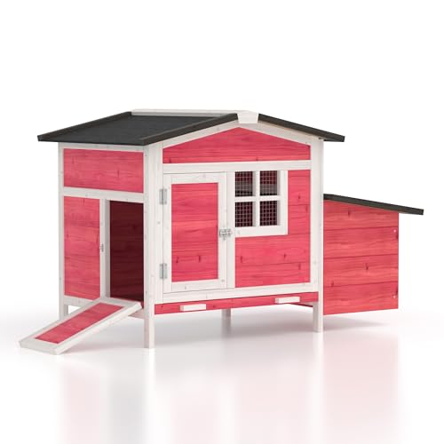 GOJOOASIS Chicken Coop for 2 Chickens Raised House with Ramp & Nesting Box | Outdoor Wooden Hen House for Small Animals, Backyard Chicken Hutch Poultry Cage, Waterproof Roof, Easy-Clean Tray, Red - color: Red
