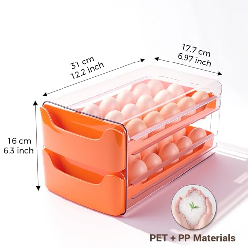Egg-Holder for Fridge, Fits Small to Large Eggs, Orange | 36 Egg-Storage for Refrigerator Countertop, 2 Tier Dispenser with Drawer, Stackable Clear Egg Tray Container - size: 2 Tier-Orange