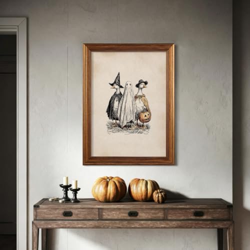 Funny Animal Goose Witchy and Ghost Wall Art Gold Framed 08x10 inch Vintage Halloween Spooky Poster Aesthetic Gothic Canvas Prints For Farmhouse Nursery Wall Decor - color: Beige, size: 10"L x 8"W, style: Gold Framed