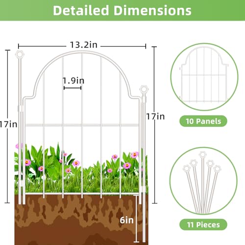 10 Pack White Decorative Garden Fence, 17in(H) x 10ft(L), with Ground Stake | No Dig Garden Fencing Animal Barrier for Dog, Rustproof Metal Fence Panels, Arched Flower Bed Edging Borders for Yard & Patio - color: White, size: 17 in(H)