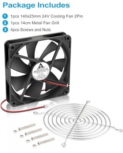 GDSTIME 24V 140mm x 25mm Fan 2 Pin, 140x140x25mm Brushless DC Cooling Fans | for PC Case, Power Supply, 3D Printer Motherboard Cooling - size: 140x25mm