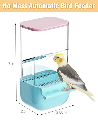 BNOSDM No Mess Bird Cage Feeders Automatic Bird Feeder Parrot Cage Accessories Transparent Seed Food Container with Perch for Finches, Parakeets, Budgies, Lovebirds, Cockatoos, Canaries (Blue) - color: Blue