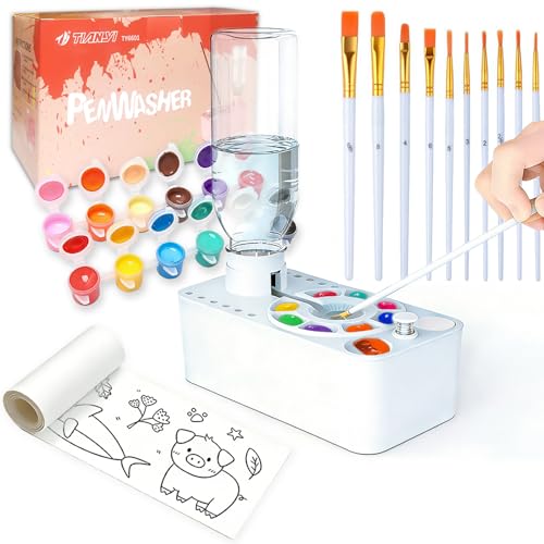 Paint Brush Cleaner Tool,Painting Running Water Circulation Art Supplies,with Brushes,Colors Paint,Watercolor Paper,Paint Station Creative Gift for Kids Girls Adult Artist Beginners (White) - color: White