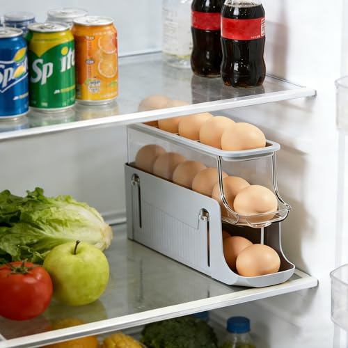 Printe Egg Holder for Fridge, Rolling Egg Holder for Refrigerator, Automatic Egg Dispenser Organizer, Egg Storage Container Rack for Refrigerator Countertop, Space Saving Fridge Organizer （Grey） - color: Grey