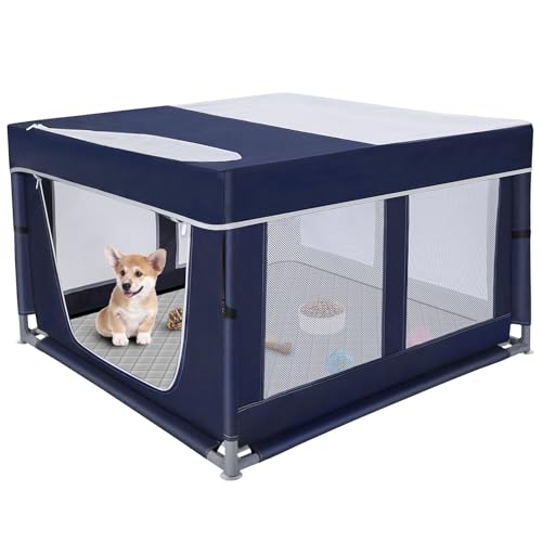42 × 42 inch Dog Playpen with Pee Pad, Soft Puppy Playpen, 25 Height Pet Playpen for Small Dogs and Small Animals, Dog Fence Indoor, Play Yard with Zipper Door - color: Royal Blue, style: 42inch Dog Playpen with Top and Pee Pad