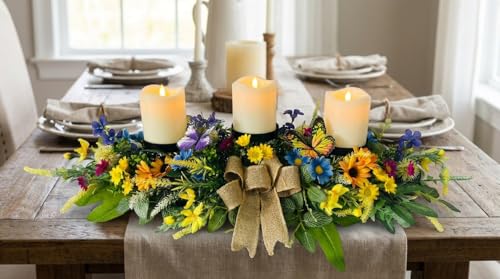 Svndlyn Floral Candle Holder Centerpiece with Butterflies and Wildflowers | Colorful Daisies, Sunflowers, Burlap Bow and Greenery for Table, Mantel and Spring Summer Decor