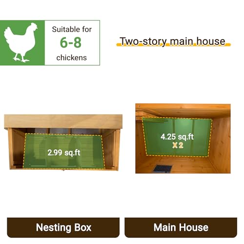 2-Story Chicken Coop for 6-8 Chickens, Sturdy and Easy to Assemble | Spacious 3 Nesting Boxes, Easy-To-Clean Pull-Out 2 Trays, Featuring A Foldable Ramp, And Asphalt Roof