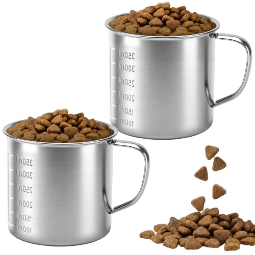 2 Pcs Stainless Steel Dog Food Scoop, Dog Food Measuring Cup | Handle & ML Scale, for Dogs Cats Rabbits Birds