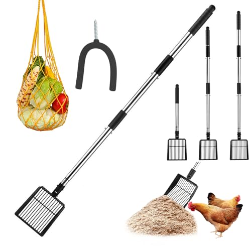 Chicken Poop Scooper Tool - Chicken Coop Cleaning Extendable & Detachable 3-in-1for Chicken Poop, and Wood Shavings | Ideal for Poultry | Perfect for Backyard Chicken Keepers and Farm Use (Black)
