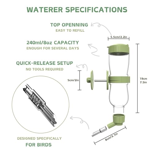 Bird Feeder Water Dispenser Set, Automatic Cage Feeder with Perch for Parakeet Canary Cockatiel Finch Budgie (Green)