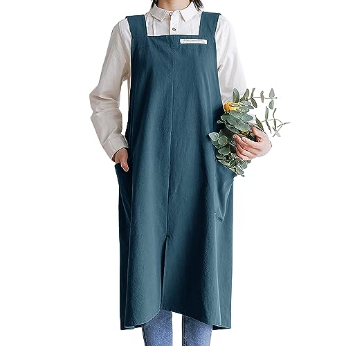 Cotton Aprons for Women and Men | Cross-Back Apron with Pockets - color: Deep Teal