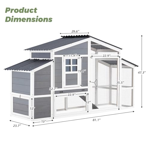 AECOJOY 81" Large Chicken Coop | Large Wooden Chicken Coop with Run&2 Nesting Boxes, Waterproof Roof Hen House Outdoor Poultry Cage - color: Grey, size: 81"L x 29.6"W x 47.3"H