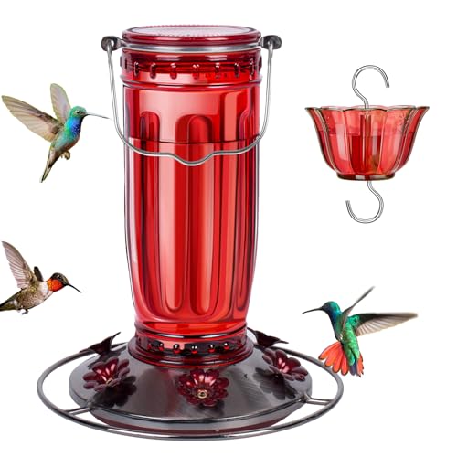 Kingsyard Glass Hummingbird Feeder for Outdoors Wild Bird Feeder with 6 Feeding Ports Hanging for Garden Yard, Red (Ant Moat Included) - color: Red