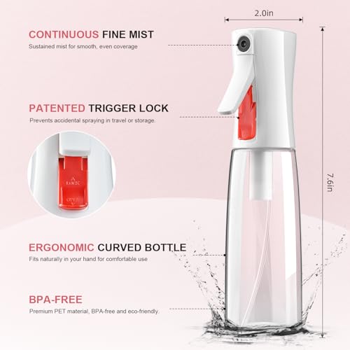 Continuous Spray Bottle for Hair, Ultra Fine Mist Sprayer, 2 Pack | Long-Lasting Mist, Gentle Mister, Trigger Lock, for Hairstyling, Barbers, Salons, Cleaning Solutions, Planting, 2pk 6.1 Oz
