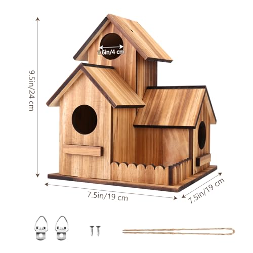 Bird Houses for Outside, 3-Hole Large Wooden Birdhouse for Bluebirds Finches Cardinal Hummingbird, Bird House for Outdoors Hanging Bird House Clearance Garden Courtyard Decor