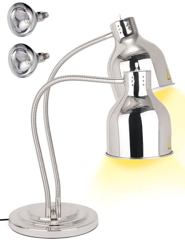 Dual Head Food Heat Lamp 500W w/3 Bulbs for Buffet Food Warmer | Heavy-Duty, Commercial Large Food Warming Lamp w/ 3 Bulbs,Carving Station/Restaurant/ Parties, Flexible Arms, Adjustable Head