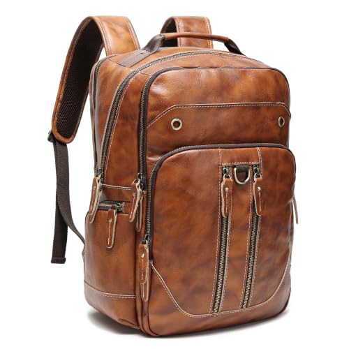 Full Grain Leather 16" Laptop Business Travel Backpack for Men, Orange | Vegetable Tanned Leather, YKK Metal Zippers, 5 Compartments, Ergonomic S-Straps, Large Capacity, Trolley Sleeve - color: Orange