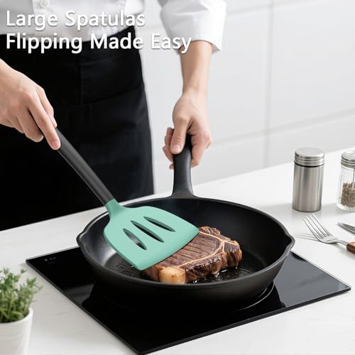 Coukre 3 Pack Silicone Spatula Set, Heat Resistant to 500°F, BPA-Free | Fish Spatula, Solid & Slotted Turners, Dishwasher Safe, Spatula Set for Eggs, Pancakes, Fish & Burgers, AquaGreenBlack - color: AquaGreenBlack