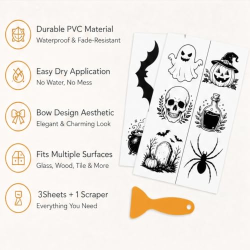 Lampshade Decals, Spooky Halloween Rub On Transfers 3-Pack | Halloween PVC sheets at 5.91 x 11.81 in, Comes with scraper for easy dry application on seasonal interior displays - color: Spooky Halloween 3-Pack