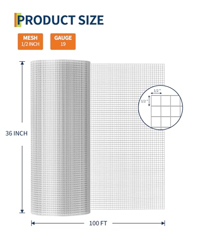 1/2 in 36 in x 100 ft Hardware Cloth, 19GA Chicken Wire Fencing,Galvanized Welded Wire Mesh Roll for Poultry Netting Cage, Chicken Coop