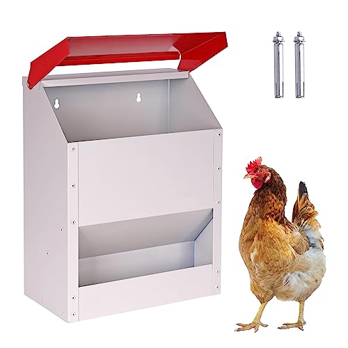 Galvanized Wall Mount Chicken Feeder No Waste Hanging Chicken Feeder with Lid Weatherproof Metal Automatic Poultry Feeder Trough Food Dispenser for Outside Coop (23 lbs)