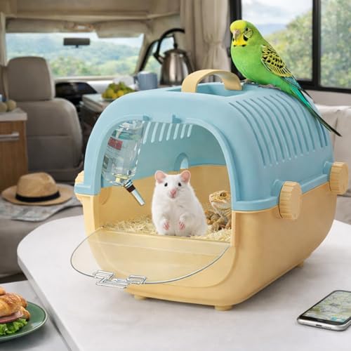 Portable Small Pet Carrier Cage, Hamster Travel Carrier with Handle and Water Bottle, Breathable Easy-Clean Carry Case for Small Animals, Hamsters, Gerbils, Mice, Birds and Small Reptiles
