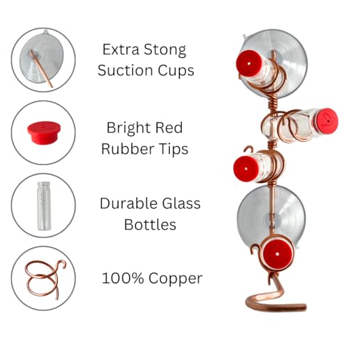 Window Hummingbird Feeder | Handcrafted Copper and Aluminum | Multiple Stations | Modern Hummingbird Feeder | Glass Bottles | Suction Cups (Copper, Four Station) - size: Four Station - Standard Perch