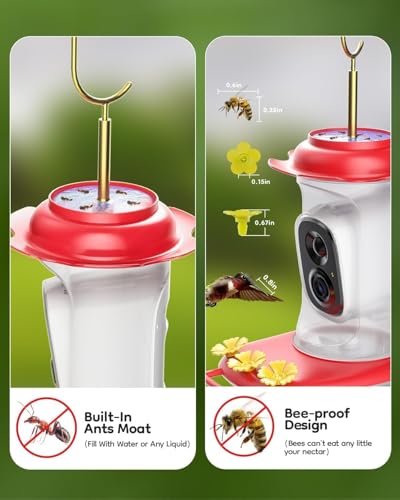 Solar Hummingbird Feeder with Camera, 2K Live View AI Identify Camera | 2K live view camera, Smart AI species identification, Ant guard & moat, Bee proof design, 3 feeding ports, Bird lover gift