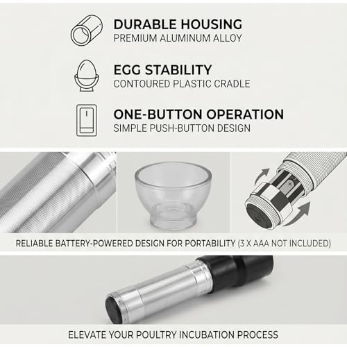LED Egg Candler Tester Lamp for Monitoring Embryo Development, Light Candling Device | Battery Operated,Silver,Bright, Cool White,Fast Safe, Durable, Light Size 0.9 x 3.3in,No Harm to Eggs