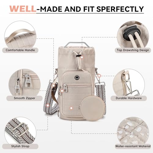 Water Bottle Carrier bag with Strap Phone Pocket for Walking, Hiking, Cycling - color: 2-Khaki, size: 40oz-64oz