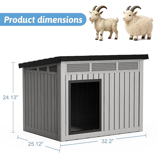 DRATO Goat House, Weather Resistant Resin Dog Houses with Sloped Roof & Louvered Ventilation, Outdoor Small Animal Shelter for Goats and Pets, Easy Assemble, Grey - color: Grey, size: 32.2*25.12*24.13